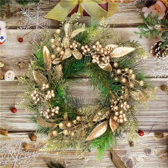 Christmas Pine Wreath ,16 Inch Front Door Wreath with Gold Berry Leaves - Picture 7 of 7